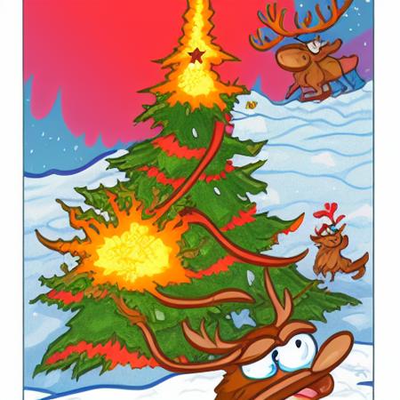 The face is hideous,Angry Reindeer Comic Style run on the snow, Merry Christmas titles,The reindeer caught fire, Art Baltazar,Master Works, American Comics, Clear Lines, Cartoon Art, Vivid Colors,8K,The logic is clear<lora:Art Baltazar:0.8>