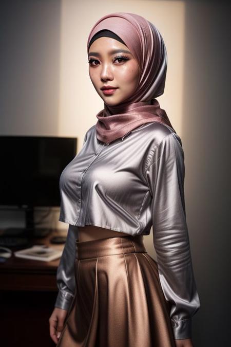 (3DMM:0.5), ((Masterpiece, best quality)), (photography, realistic, photo-realistic, 8k, highly detailed, [full length frame, Front view], High detail RAW color art, hyperrealism), 
(1girl, (asian)), (detailed skin, perfect face, hijab, loosely tight hijab style, beautifully makeup, eyeshadow, brown eyes, beautiful big eyes, long eye lashes, inviting smile), ((unbutton gray satin shirt, perky breasts, exposing breasts, pink nipples), ((satin long skirt)), waling, standing, at the office,  detailed office, full body shot,
((beautiful cinematic lighting, 8k, high res, volumetric lighting, dramatic lighting, perfect shadow and light, perfect reflections, backlight. studio lighting,))diffused soft lighting, shallow depth of field, sharp focus, cinematic lighting, art by chunie, anime art,