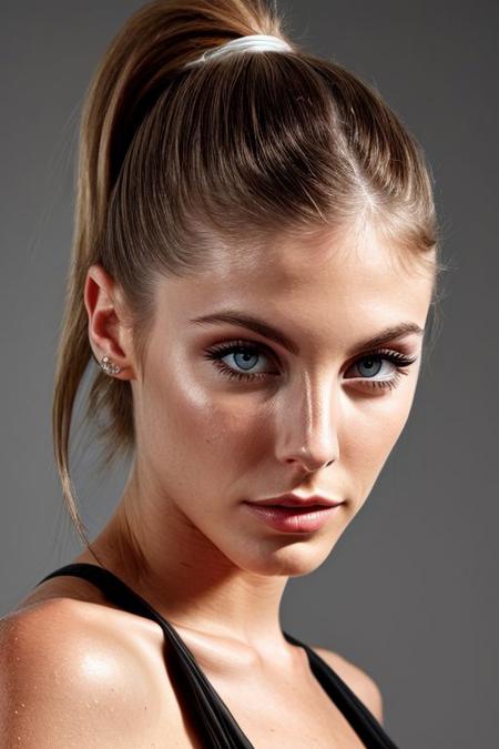 (CR-Carm3llaRose-JernauGurgeh:0.9), face closeup photo of woman, grey background, (slick hair:1),