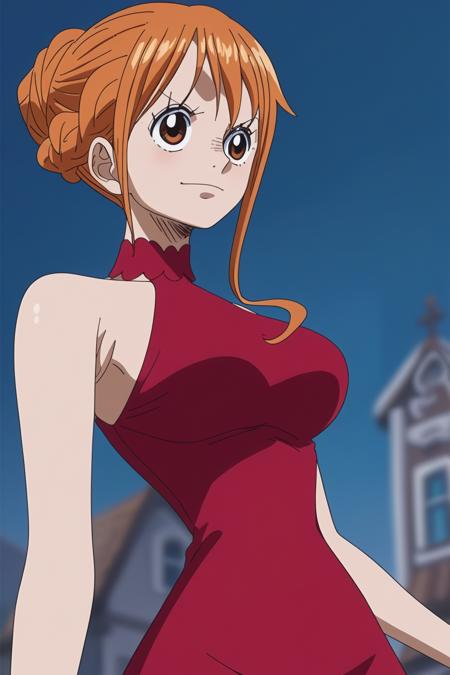 ,nami_dr, braided_bun,, 1girl, orange hair,short red dress,, 