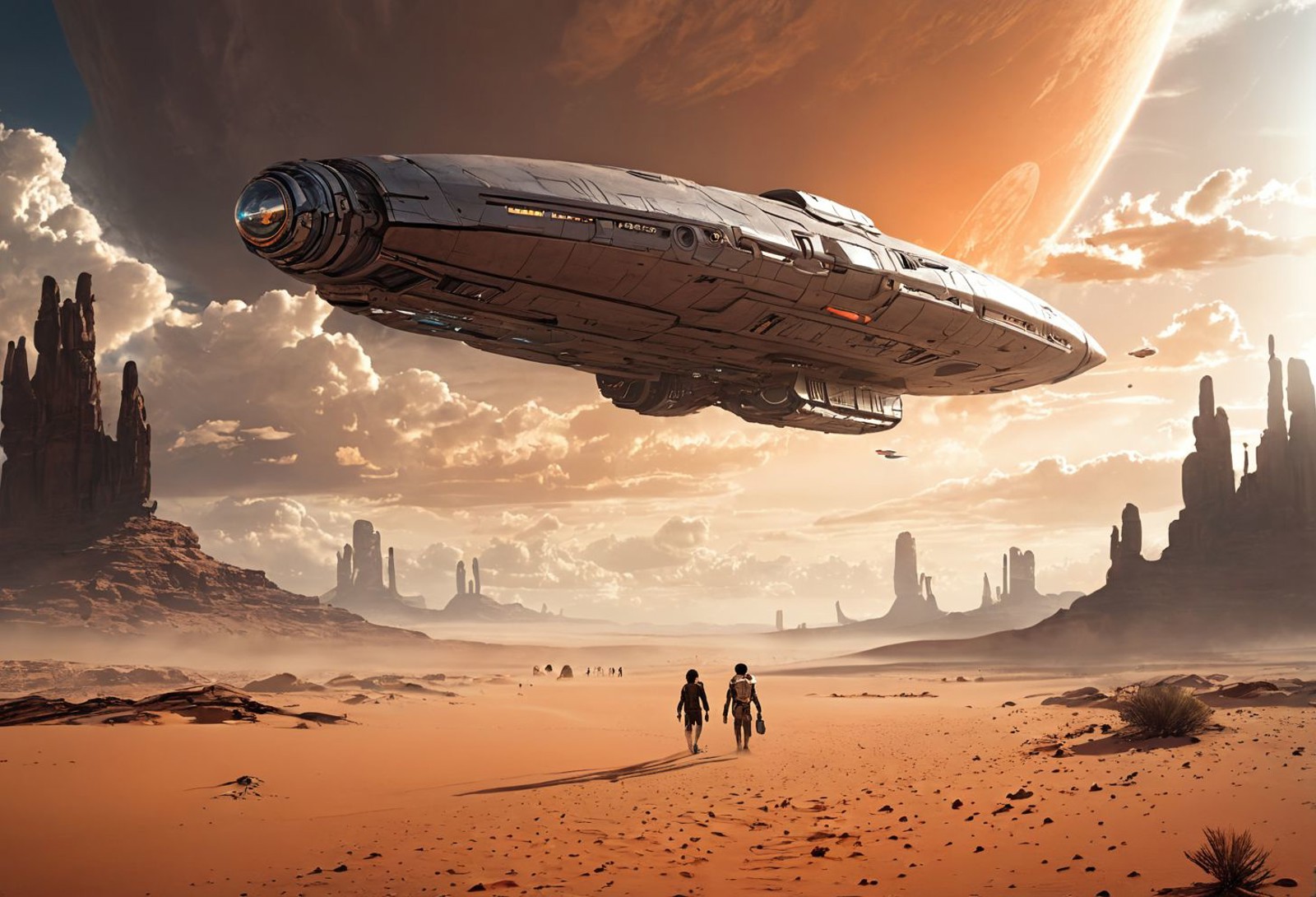 In the image, two people are walking in a desert-like environment, with a large spaceship flying overhead. The sky is fill...