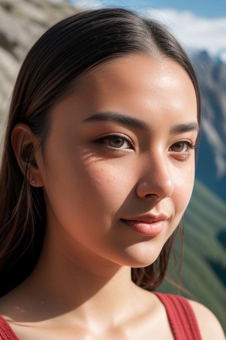 An impressive and intricate full color portrait, Ultra-HD, realistic, photorealistic, bobbi_spektre, skin pores, skin hairs, detailed skin texture, detailed face, detailed textures, epic character composition, beautiful eyes, beautiful, hiking, mountains, stunning scenery, alpine, summertime, masterpiece, best quality, 8k, RAW photo, beautiful, aesthetic, dramatic lighting, detailed textures, bokeh, 4k uhd, dslr, soft lighting, high quality, Fujifilm XT3
