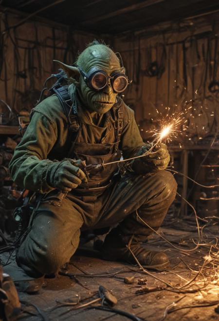 fantasy, techno fantasy, a goblin wearing welding goggles experiments with explosives in a cluttered shed full of parts and chemicals, wires explosives chemicals glow, uhd 32k (nikon:1.5) dof