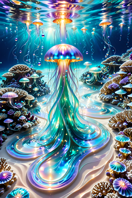 A surreal underwater realm where coral castles drip with glowing pearlescent syrup,jellyfish float like silk lanterns above a pearly sand floor,and luminous mermaids paint ocean currents with swirling trails of light and flowing pigments,magical realism,photoreal style,intricate lighting,A magnificent goddess stands in crystal clear water by flowing rivers of iridescent liquid pearl,Her long hair fluttered in the bright water,the swirling currents reflecting shimmering silver glow,
lavender,and soft gold,the entire scene glowing with divine radiance and surreal mysticism,photorealistic,ultra-high detail,ethereal light,
made of l1qu1dp34rl,pearlescent,flowing through bioluminescent coral reefs,iridescent bubbles rising in turquoise water,hyper-realistic translucency,pearlescent,
Masterpiece,best quality,hi res,8k,hi res,8k,award winning,(sharp focus, intricate, highly detailed),<lora:SDXLFaeTastic2400:0.4>,<lora:liquidpearlXL_r1:1>,<lora:TrendCraft_The_Peoples_Style_Detailer-v2.1A-3_12_2025-SDXL:0.8>