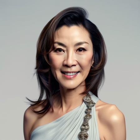 an exquisite portrait photograph, 85mm medium format photo of michelle yeoh with a classic haircut