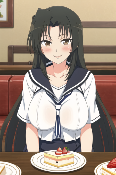 masterpiece, best quality, <lora:jasmine-10:1>, 1girl, jasmine \(senran kagura\), senran kagura, long hair, black hair, brown eyes, collarbone, breasts, huge breasts, large breasts, blush, smile, happy, seductive smile, naughty face, facing viewer, looking at viewer, pov, sitting, couch, on couch, cafe, indoors, simple background, dated, cowboy shot, table, on table, food, cake, cake slice, strawberry shortcake, plate, solo, solo focus, school uniform, serafuku, white serafuku, sailor collar, blue sailor collar, short sleeves, dating,