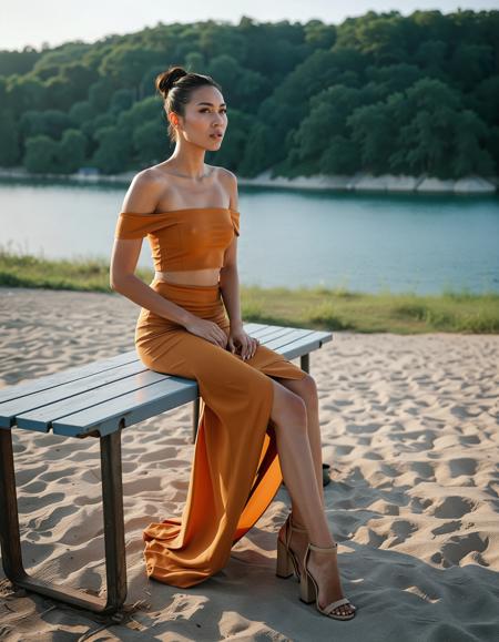 RAW full body analogue photo of a beautiful 25 years old woman, clear focus, high resolution image,,perfect face, sexy pose, wearing a chic off-the-shoulder top with a flowy maxi skirt, complemented by stylish block-heeled sandals for a modern touch, perfect eyes, detailed eyes, detailed iris, realistic skin, absolute perfect tits, soft tits, natural tits, (shaved head:1.3),,high quality, film grain, Fujifilm XT3, 8k uhd, dslr, film grain, kodak tri-x 400 film, grain photo DOF, faint lighting, dynamic angle, cinematic, Depth of field, bokeh, best quality, cinematic, light particles, highly_detailed, very_aesthetic, golden hour, beautiful_and_aesthetic ,Sexy pose, erotic pose, exhibitionism, Lounging on an invisible chaise ,National park