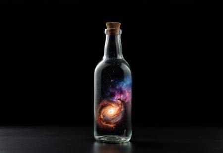 Single bottle, with a galaxy trapped in it, spinning around in it, black background