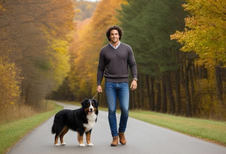 A man walking confidently on a country road with his Bernese Mountain Dog, 
wearing short sports sweater, 
he wears a necklace 
wearing a gold bracelet. he wears high waisted jeans, 
he wears a watch, 
Her hair is long, curly dark brown, 
partially pulled over one shoulder, The background is blurred trees in autumn, 
giving a casual look to this man, 
countryside atmosphere. His gaze is directed towards the camera, 
exuding a calm and relaxed attitude