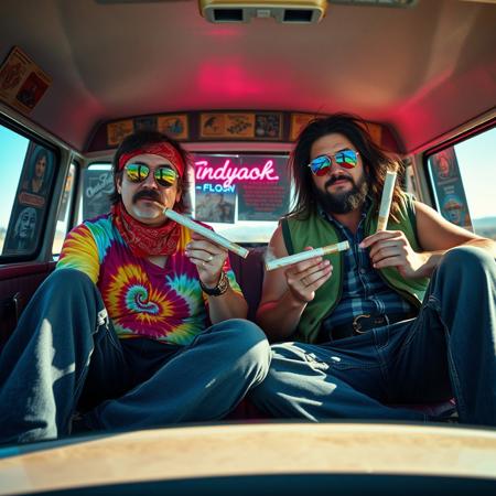 High resolution, masterpiece quality, source_8_up, hyper-realistic lighting, ultra-detailed textures, cinematic depth of field, HDR: Render with realistic lighting, sharp focus, dynamic reflections, and smooth gradients. Emphasize neon glows, ambient occlusion, and photorealistic reflections.
"Two laid-back stoner characters resembling the younger Cheech and Chong—Jake, with a thick mustache, wearing a red bandana, a brightly colored tie-dye shirt, and bell-bottom jeans, captures Cheech Marin's look from the 1970s. Terry, tall with long, wild black hair, a scruffy beard, wearing reflective sunglasses, a green vest, and bell-bottom jeans, mirrors Tommy Chong's signature style from their early days. Both characters hold blunts in their hands, casually puffing and passing them. They sit in a vintage, psychedelic van on a sun-scorched highway. The van’s interior is cluttered with 70s rock band posters, glowing lava lamps casting neon pinks, blues, and greens. Soft, ethereal smoke swirls, shifting colors with the light. Outside, the vast desert stretches with warped heat distortion. Floating snacks, glowing chips, and candy wrappers hover, casting psychedelic light. Terry is animated, wide-eyed, with messy hair, while Jake is relaxed, leaning back with a goofy grin. Surreal, abstract shapes and glowing orbs float around, representing their trippy conversation. The atmosphere feels dreamlike, constantly shifting with glowing textures, vibrant neon hues, and dynamic lighting.