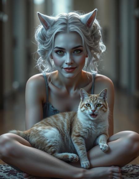 cinematic style, beauty, realism, photorealism, chiaroscuro, high quality, 1girl, pale dusky blue skin, facial markings like whiskers, white cat ears and a white cat tail, pronounced fangs, white hair in two large ringlets, a female miqote with a petite build, bright yellow eyes, cinematic photo a mentally able woman enjoying a quiet moment with her cat, sitting cross-legged on the floor, her natural face exuding kindness and peace. 35mm photograph, film, bokeh, professional, 4k, highly detailed