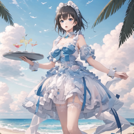 extremely detailed CG unity 8k wallpaper, realistic, hand by Guido Daniele
1girl,  <lora:sweetLolita_v10:0.6>, sweet_lolita,full body, White stockings, white maid hair accessories, hand drags a plate with a cocktail,holding tray,
beach, outdoors, tray, :o,