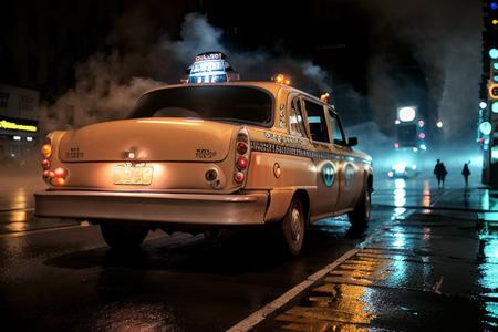 analog gloomy photo of a (taxi,  <lora:ch3ck3rc4b:1>), (rear view),  ((broadway in new york city (at night))), (abandoned buildings), (graffiti), (horror movie), ((nighttime)), (rain),  High Detail, Sharp focus, (photorealism), realistic, best quality, 8k, award winning, dramatic lighting, epic, cinematic, masterpiece, rim light, (ambient fog:1.5), smoke:0.3,  dutch angle, depth of field,