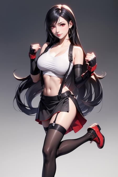 Tifa long hair red eyes black hair fingerless gloves suspenders large breasts taut clothes crop top