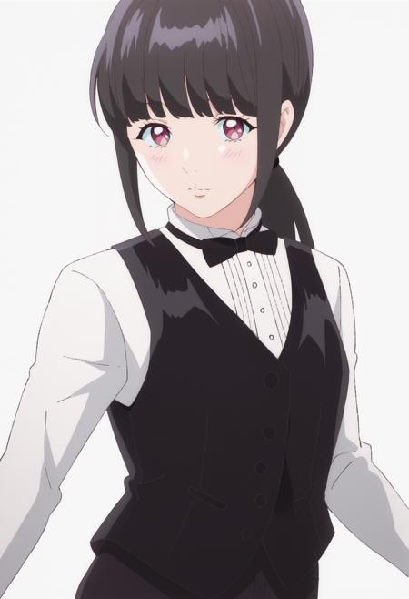 kamimachi aoi, black hair, pink eyes short hair, hairclip, dress, turtleneck, long sleeves low ponytail, bowtie, shirt, vest, black pants, blunt bangs hair over one eye, track suit