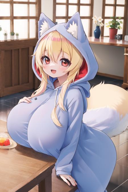 <lora:footie:0.6>, hoodie-footie pjs, 1girl, gigantic breasts, <lora:futon-10:0.6>, fox ears, fox tail, hood up, blonde hair, red eyes, indoors, :d, smile