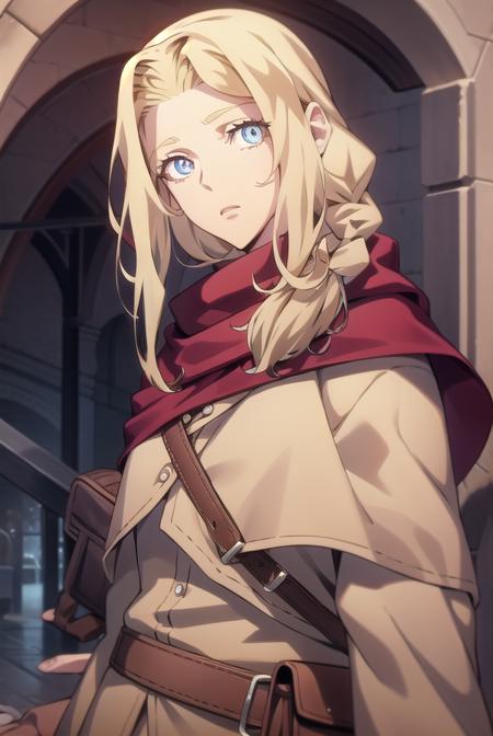 lisa tepes, long hair, blue eyes, blonde hair, hair over shoulder,  dress, red dress, long sleeves, skirt, long skirt, braid, belt, bag, cape, single braid, long sleeves, skirt, 