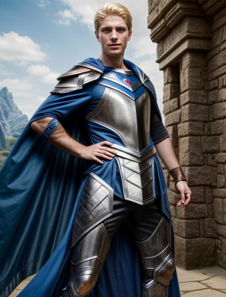 best quality, masterpiece, highres, detailed, realistic, <lora:Detail - add_detail:0.2>,  <lora:Character - WillKenrith:0.6>, WillKenrith, blue eyes, blonde hair, armor, cape, 1man, cosplay convention, cosplay, posing,