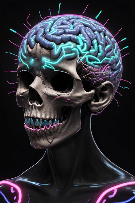 A man drowning inside his own mind. FRONT VIEW. Subliminal messaging, Horror, neon-colored brain scan aesthetic on black background. the figure of a skull is seen inside the brain scan. Psychedelic brain scan. Horror, Vibrant, glowing neural pathways Abstract, futuristic aesthetic. Style mimics bioluminescence art. Sharp contrast between vivid colors and deep black background. realistic rendering of brain lobe. Conveys sense of brain death, cognitive decline, and mental degradation. Sharp jagged teeth. Horror theme.