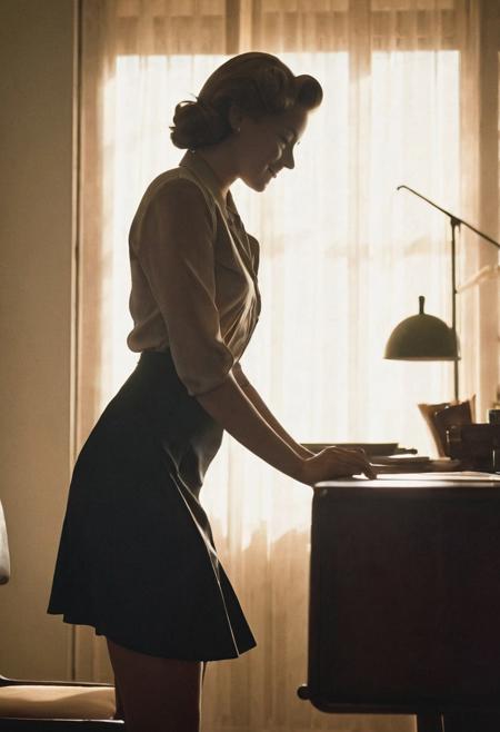 grainy 1940s amateur smut color photograph, full body profile photograph of  a cute secretary leaning over a desk, (morning sunlight creates a silhouette of a her breasts through her silky satin slip), outline of boobs and nipples in silky satin slip, backlight, small boobs, wide hips, upper thigh, very detailed, angle from side, silhouette, sun rays, profile, detailed eyes and face, cute smile, film grain