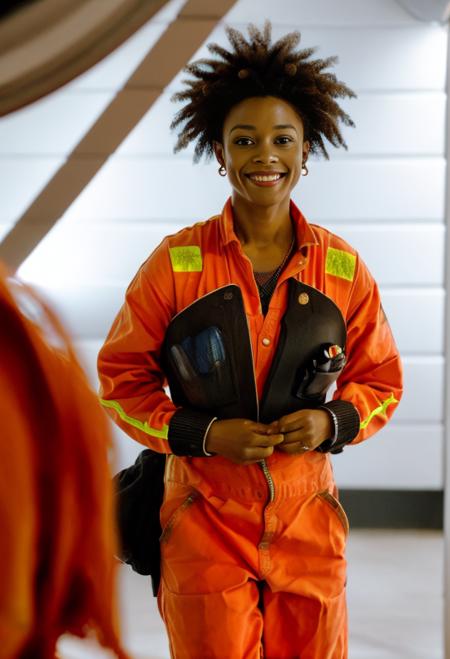 (1 woman:1.3), happy african woman in orange bsgdckcrw is working<lora:viperpilotsuitv08:0.9>,(curly hair:1.3),spaceship hangar,RAW photo, 8k uhd, dslr, soft lighting, high quality, film grain, higly detailed face,ultra detailed,masterpiece quality,Fujifilm XT3