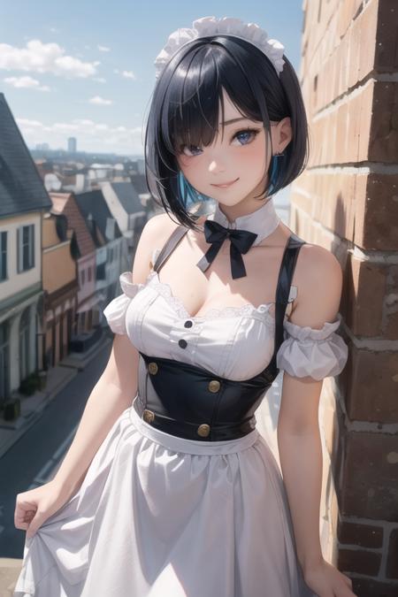 1girl,solo,cute face,smile ,maid clothes,hair over one eye,medium bob cut,blue hair,fantasy,town horizon,