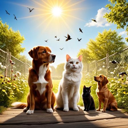 close-up Create a striking and stimulating composition about pets, whether this composition includes only cats and  dogs and birds, background sunny day