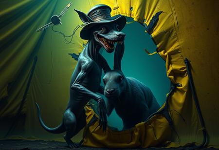 A highly detailed, photorealistic depiction of a bizarre, genetically mutated creature resembling Siamese twin dogs. The creatures have skinny, flesh-bound bodies with patchy, dull fur resembling a Dobermann, with an oversized tail, grotesquely large ears, and unnaturally short legs. One of them is grinning with wide, distorted eyes, its fur now an eerie blend of dark purple and gray. It wears a once-elegant, now weathered Italian hat. Biotech implants pulse with a sickly green glow, blending with swollen, cancerous carcinomas protruding from their flesh. They battle a large, shadowy rabbit, hiding in a hole within the torn, grimy fabric of a giant yellow circus tent.
The scene is drenched in creepy, low light, casting long, distorted shadows and bathing everything in a haunting, cold blue and sickly yellow hue. The circus is filled with flickering, broken carnival lights, creating an unsettling, nightmarish atmosphere. Hovering above the scene is a tattered, high-tech cardboard sign labeled ‘BUZZ 4 DNA,’ glowing with ominous, toxic neon colors. The entire setting feels unsettling and surreal, with a sinister edge.