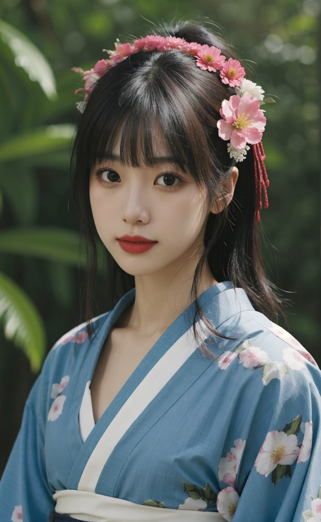 <lora:FilmVelvia3:0.6>, 1girl, solo, outdoor, cute japanese model girl, kimono, floral print, hair ornament, looking at vi...