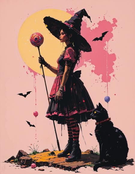 A playful gothic girl witch with a striped dress and lollipop staff, giggling as her mischievous black cat with candy-cane stripes bats at floating gumdrops, pastel goth aesthetic, ultra-whimsical.