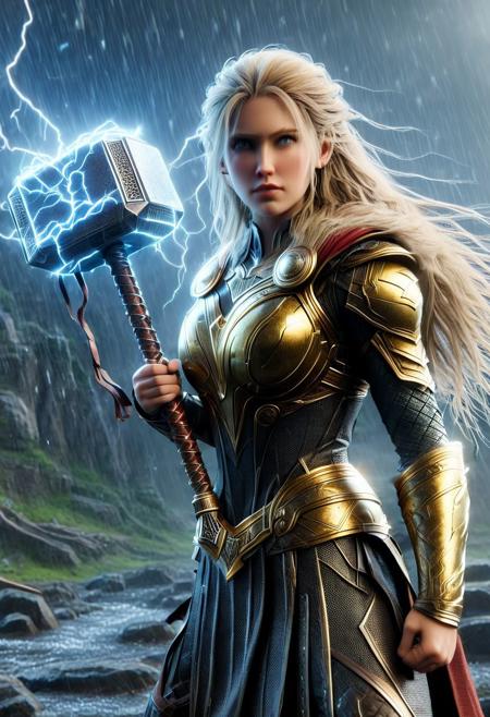 Scandinavian woman 32 years old, Movie Still, realistic photography, big boobs,huge breasts,  leather armor, (golden bra armor):1.5,  hold glowing Mjolnir, long blond hair, french 2 braided hair,  rainbow bright in back, bifröst, set valhall in background,  lightning to Mjolnir,eyes are the same,  focus face, Uhd, ultra-detailed, 8k resolution, extremely detailed, Cinematic Shot
