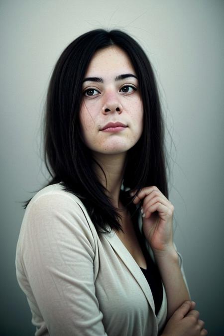 The image portrays a young woman with long, dark hair holding a vintage camera close to her face, partially obscuring one of her eyes. She gazes directly into the lens with an intense, thoughtful expression. The photograph has a distinct cinematic and nostalgic aesthetic, with soft lighting, a grainy texture, and subtle color grading that gives it a vintage, film-like quality.
Subject and Composition
The subject's face is positioned slightly off-center, drawing immediate attention to her sharp and expressive features. Her dark, well-defined eyebrows frame her deep-set eyes, which are slightly shadowed, adding to the introspective mood of the image. Her lips, which are slightly parted and tinted a natural red, contrast subtly with her smooth, pale skin. Strands of hair fall loosely across her face, reinforcing the unposed, organic nature of the portrait.
The camera she holds is an older model, silver and black with a rounded lens, possibly a vintage point-and-shoot film camera. Its reflective surface catches some light, making it a noticeable focal point. Her fingers gently rest on the camera's body, showcasing her relaxed grip, suggesting familiarity and comfort with the device. The camera partially obscures her left eye, creating an artistic and symbolic interplay between the act of capturing an image and being observed.