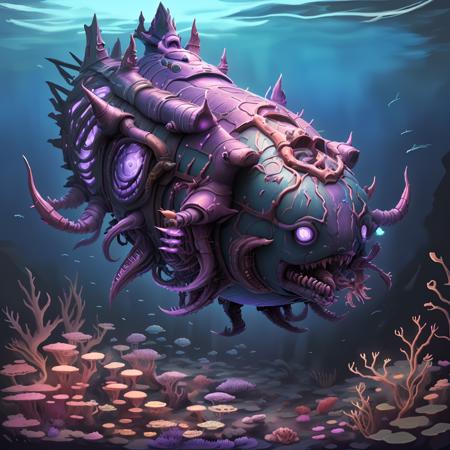 ZergAI, scaled purple submarine, underwater, <lora:ZergAI:1>