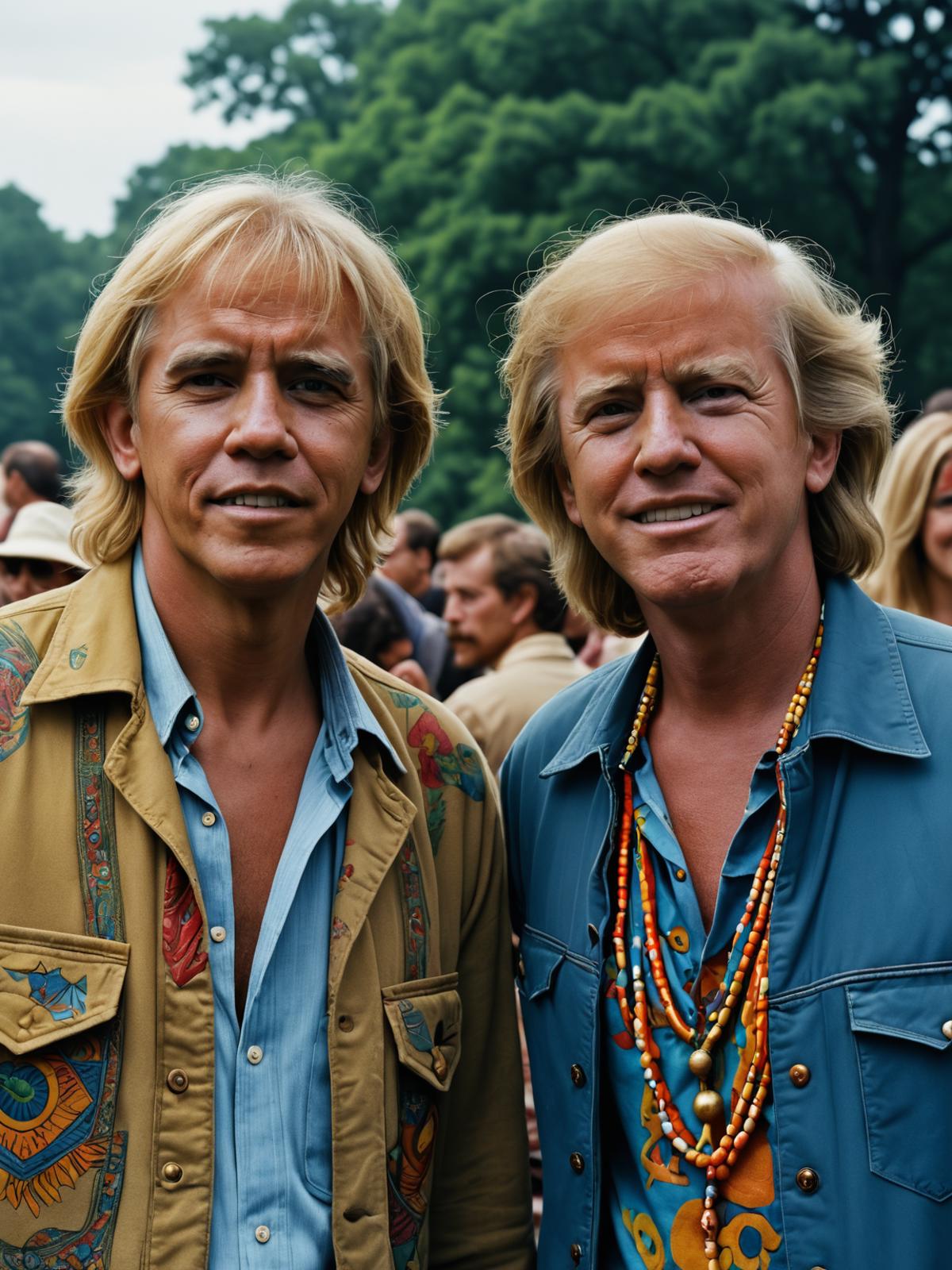 Two men with blonde hair and blue shirts posing together for a picture.