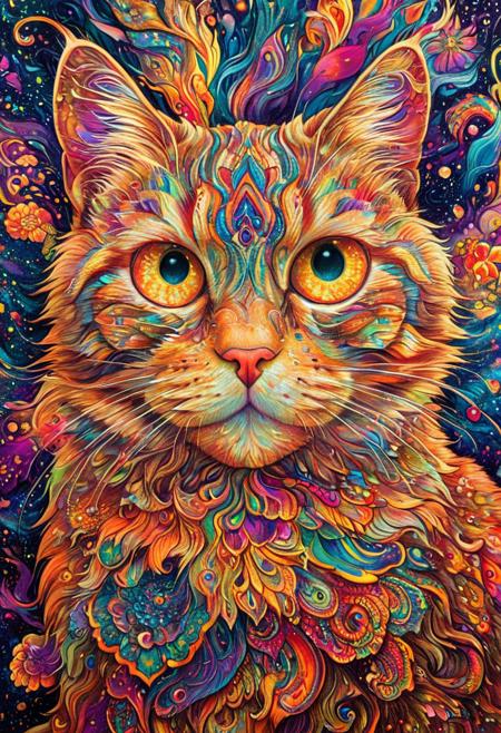 A beautifully detailed image of a fluffy cat with big, radiant eyes, peacefully dreaming amidst a chaotic, psychedelic blend of colors. The sharp focus highlights every intricate detail, from the cat's confident and handsome appearance to the highly intricate patterns in the background. The full-color painting is a stunning display of intricate artistic color, creating a mesmerizing and vivid scene that captures the viewer's attention.