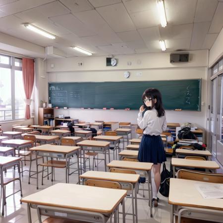 best quality, ultra-detailed, illustration,
kyoshitsu, classroom, scenery, chalkboard, window, school, indoors, clock, sunlight, school desk, bulletin board, shade, curtains, school chair, ceiling light, shadow, artist name, book, ceiling, day, paper, from behind
,1girl, glasses, black hair, long hair, black eyes, school uniform, blush, looking at viewer, standing,
 <lora:kyoshitsu_SD15_V3:0.8>