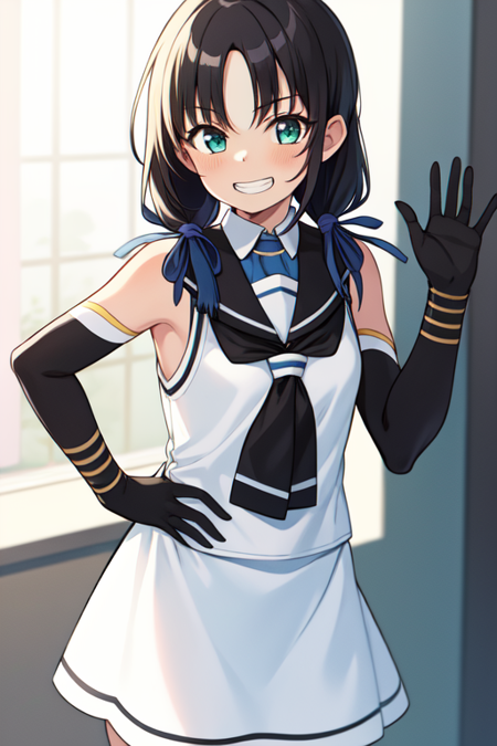 suzukazeKC, blue ribbon,twintails, hair ribbon, cowboy shot, white serafuku, sleeveless, sailor collar,white skirt, black neckerchief,elbow gloves,black gloves,shirt collar