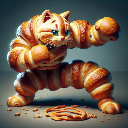 Croissant-carving,a realistic FIGHTING cat entirely from croissants,realistic style,cinematic feel,<lora:food_carving_sd_1_5_20231211:1>,