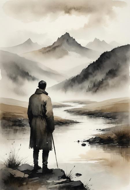 A bigot's soul is transferred into a minority's body., ink-wash portrait, expressive bold ink strokes, melancholic solitary figure, vast misty landscape, desaturated soft tones, muted earth colors, atmospheric minimalism, textured aged paper, subtle stains and faded text, quiet river, distant mountains, open negative space, dreamlike and poetic mood