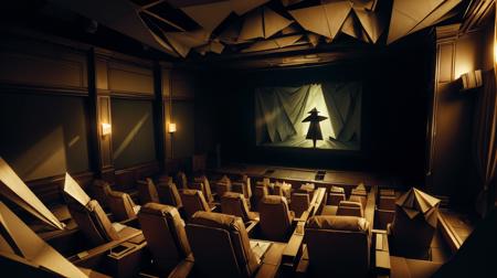 woorigami a projectionist's ghost haunting the screening room of an abandoned cinema among cobwebs, folded, paper-made, origami <lora:WorldofOrigami:1><lora:add_detail:0.5> <lora:LowRa:0.25>, (Masterpiece:1.3) (best quality:1.2) (high quality:1.1), golden ratio,dappled light,breathtaking,composition,medium photography,hyper realistic,details,detailed,enchanting atmosphere,16k resolution