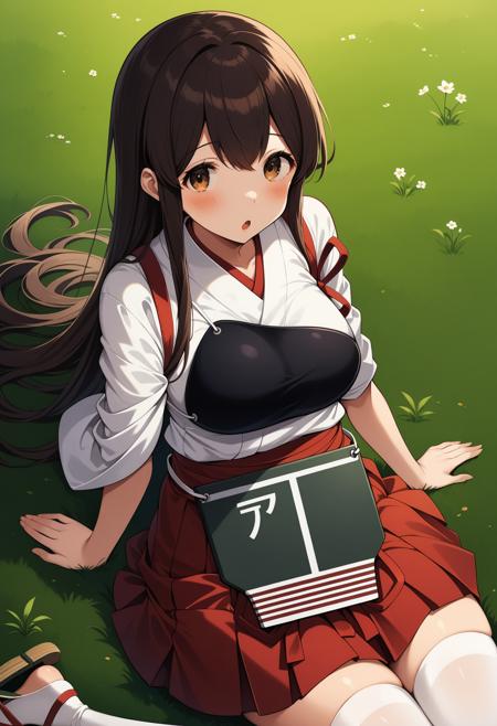 aaakagi, long hair, brown hair, brown eyes, japanese clothes, muneate, tasuki, hakama skirt, red hakama, white thighhighs aaakagi, long hair, brown hair, brown eyes, black serafuku, black sailor collar, white neckerchief, black shirt, name tag, short sleeves, pleated skirt, black skirt