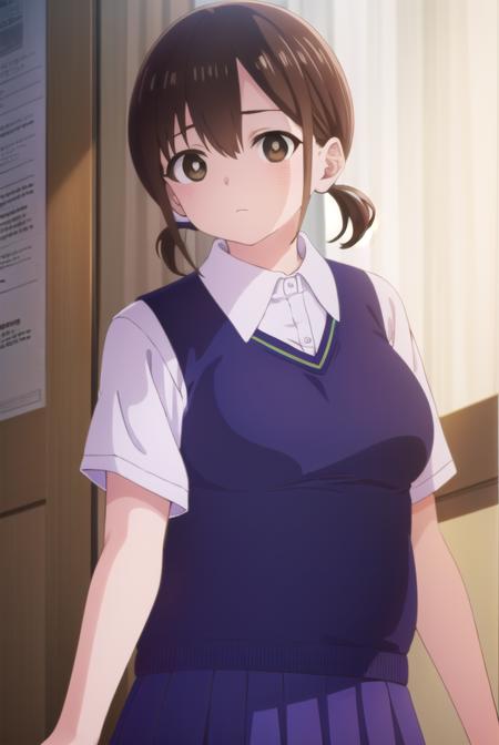 honokahara, <lora:honoka hara s1-lora-nochekaiser:1>,
honoka hara, short hair, brown hair, hair between eyes, twintails, (brown eyes:1.5), low twintails, short twintails,
BREAK skirt, shirt, school uniform, white shirt, short sleeves, pleated skirt, collared shirt, blue skirt, sweater vest, plump,
BREAK indoors, classroom,
BREAK looking at viewer, (cowboy shot:1.5),
BREAK <lyco:GoodHands-beta2:1>, (masterpiece:1.2), best quality, high resolution, unity 8k wallpaper, (illustration:0.8), (beautiful detailed eyes:1.6), extremely detailed face, perfect lighting, extremely detailed CG, (perfect hands, perfect anatomy),