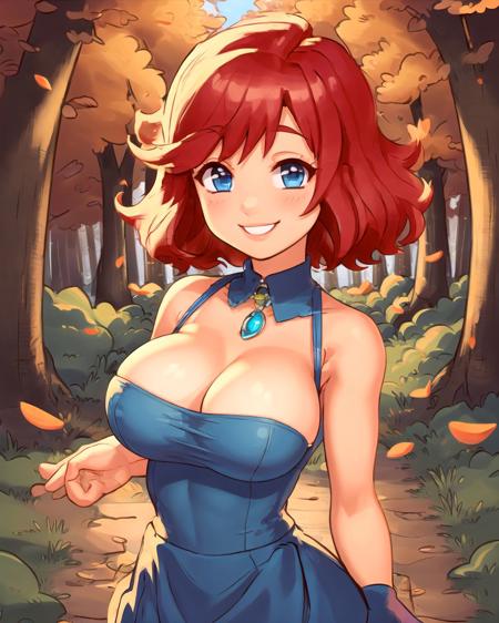 upper body, short hair, red hair, blue eyes, blue dress, breasts, smile, forest, path, cobblestone path, <lora:Klimspree:0.7>