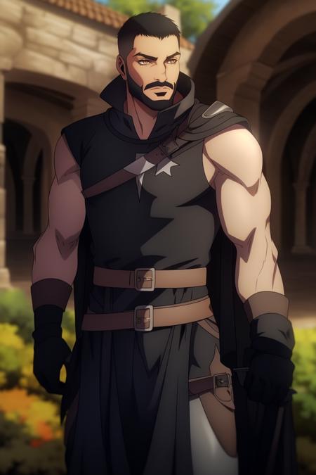 Mizrak, 1boy, solo, full body, standing, tall, male, human, looking at viewer, beard, thick eyebrows, ember eyes, orange eyes, broad shoulders, very short hair, armor, templar armor, belt, black cloak, black vest, sleeveless, dagger, sword, black cape, black gloves, gloves, pants, outside, blurry background, detailed, masterpiece, anatomically correct,