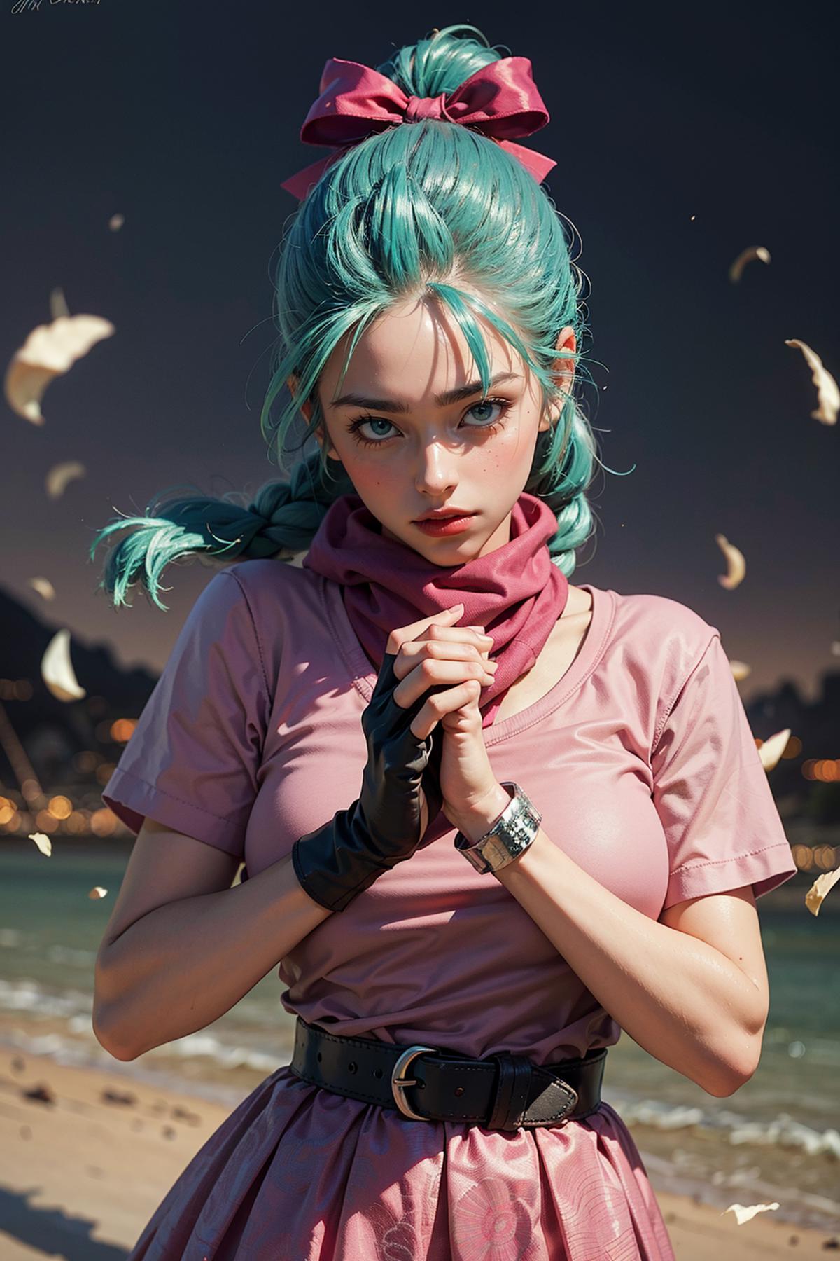 A woman with blue hair and a pink shirt is looking up at the sky.