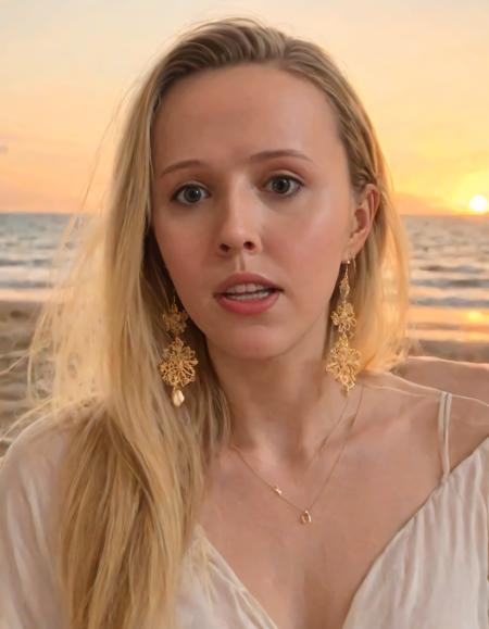 As Ria Dersaut, a captivating blonde with piercing blue eyes and cascading long locks, graces the deserted beach, her poise exudes confidence as she holds an intricately designed pair of earrings, gazing unwaveringly at the viewer while being embraced by the magnificent sunset's golden hues. <lora:kiytnn18f8b7b1002y401:1>
