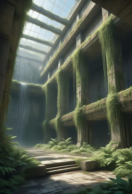 masterpiece, best quality, ultra-detailed, breathtaking scope -- A low-angle perspective looking directly upwards at the colossal, decaying remnants of an ancient concrete megastructure, perhaps a forgotten arcology wall or aqueduct, now thoroughly consumed by rampant, overgrown nature. Enormous roots and thick vines snake across the weathered, cracked concrete surfaces, prying open seams and revealing rusted rebar skeletons within. Water cascades down sections of the structure, stained green and brown with algae and moss, feeding the lush, varied foliage – ferns, flowering creepers, and small trees – that clings precariously to ledges and crevices. Sunlight struggles to penetrate the dense upper canopy far above, creating dramatic, ethereal god rays that pierce the humid air and illuminate floating dust motes and spores. Rendered in the style of exceptionally detailed background art found in classic anime films like Memories (Magnetic Rose) or Nausicaä of the Valley of the Wind, emphasizing hand-painted textures of concrete, metal, and vegetation, incredible detail density, atmospheric perspective showing immense scale, cinematic lighting that highlights the interplay of light and shadow on complex surfaces, and a nostalgic, slightly melancholic hand-drawn cel look with fine film grain. Sense of awe, solitude, and nature's reclamation. marbels