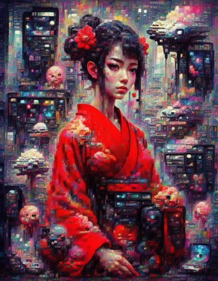 a portrait of a woman wearing a red kimono , outdoor, luisap,anime, glitch  <lora:one10_lora:1>