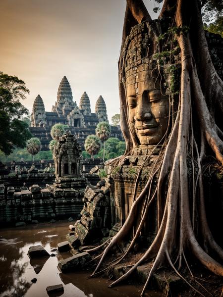 langscape of angkorwat at dawn, monk, ruins, temple, statue, most, tree, root, stone, epic, dim light <lora:ARWangkorwat:1>, <lora:add_detail:0.5>