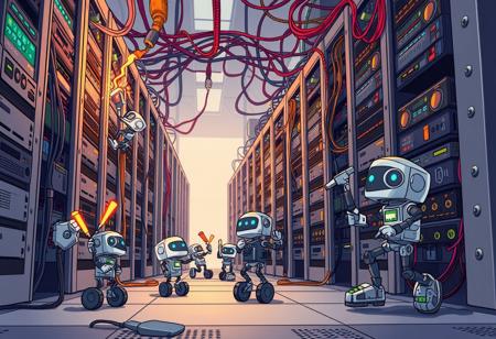 A whimsical scene of a data center in chaos. Tiny, adorable robots climb server racks with tools and roll on wheels carrying parts and cables. Sparks fly from overheated servers as the robots work under the soft glow of blinking server lights and colorful cables. Larger robots oversee the smaller ones, coordinating their efforts.